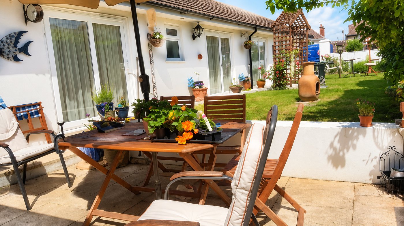 The lawned garden at Lilac Villa, with tables and parasols